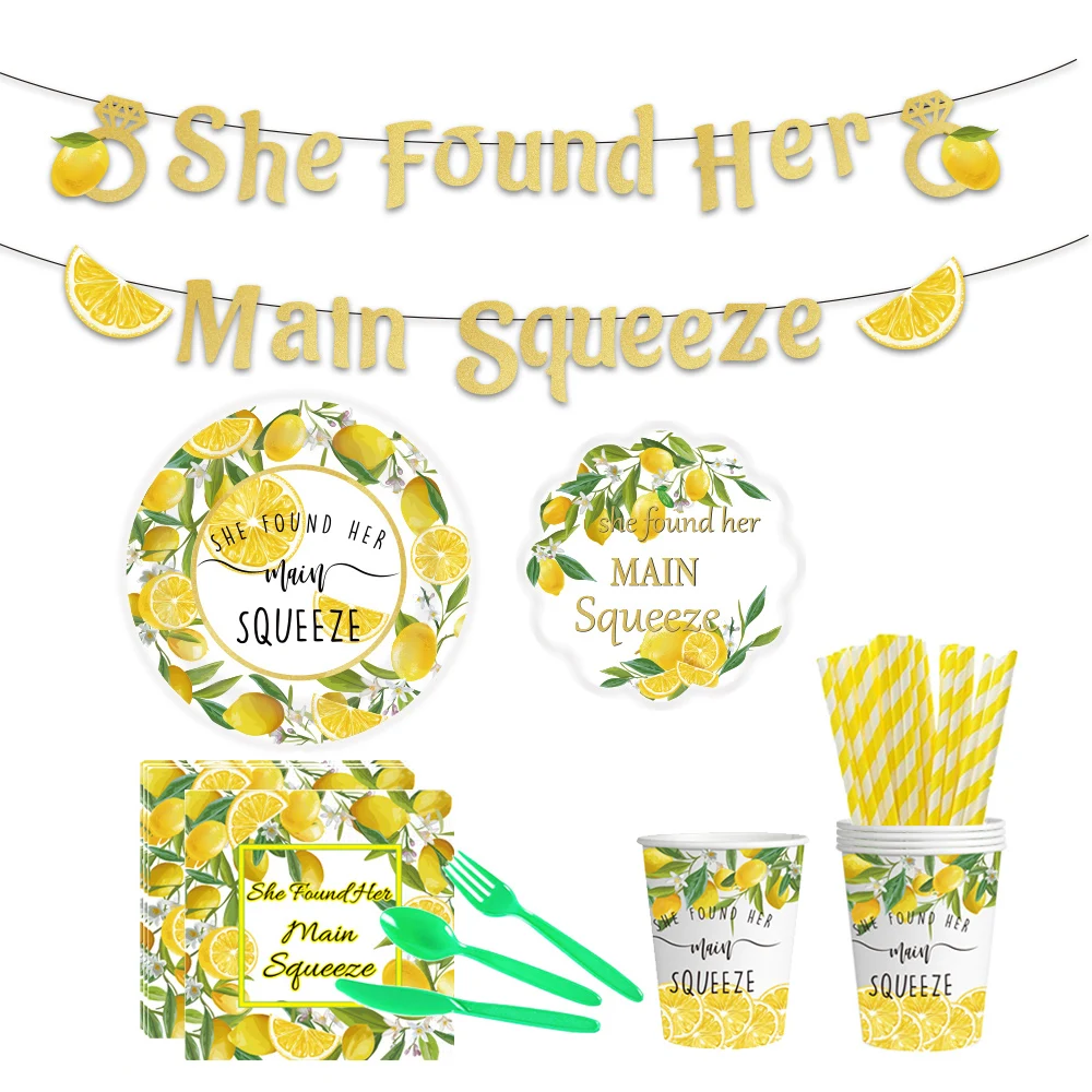 PAFU Bridal Shower Bachelorette Party Decoration Set She Found Her Main Squeeze Banner Lemon Tableware Paper Plate Cups Napkin