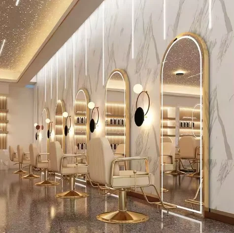 More Design Large Full Length Gold Styling Barber Salon Furniture Wall Mounted Hairdressing Makeup Led Beauty Salon Mirror