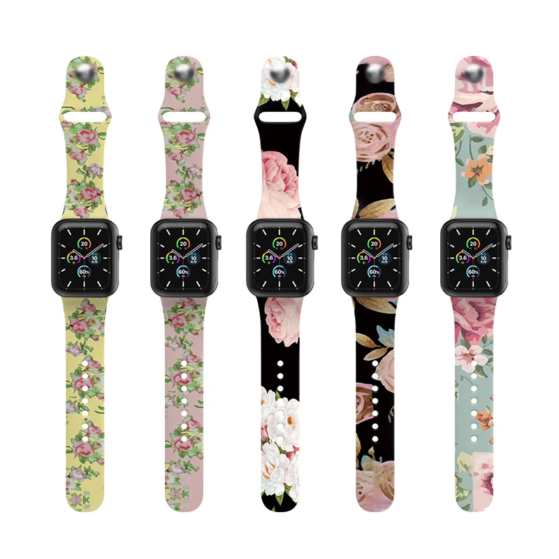
Factory Sale Flower Printed Pattern Silicone Sport Watch Straps Apple Watch Series 6 5 4 3 2 1 for smart watch bands 