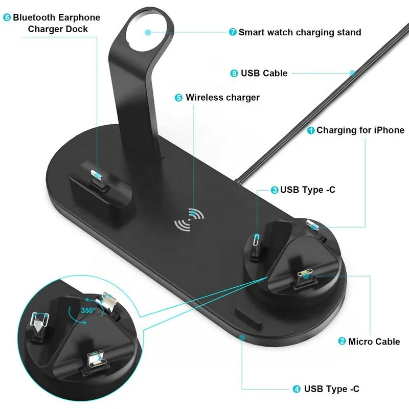 Новинка 2021, Быстрое беспроводное зарядное устройство Qi 4 в 1, 10 Вт, подставка для беспроводной зарядки мобильных телефонов, наушников, умных часов
