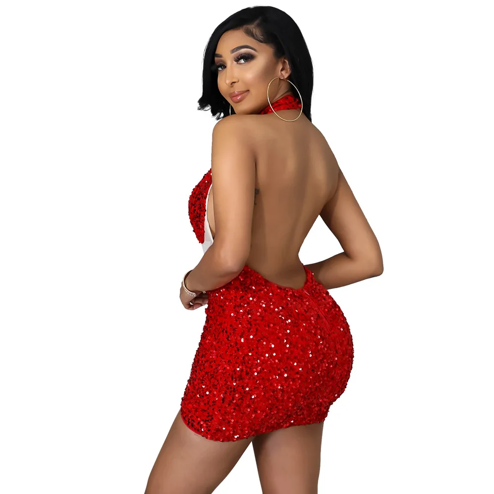 high quality sleeveless sequin prom dress backless sequined Crystal mesh club dress