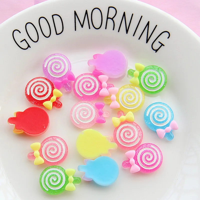 Free Shipping Colorful Adorable Glitter Bowknot Lollipop Resin Candy Accessory Scrapbooking Flatback Cabochons Resin Ornament