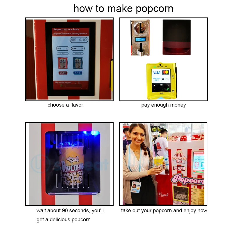 Self-served Unmanned Popcorn Machine Air Popping Process is Totally Enclosed, No oil