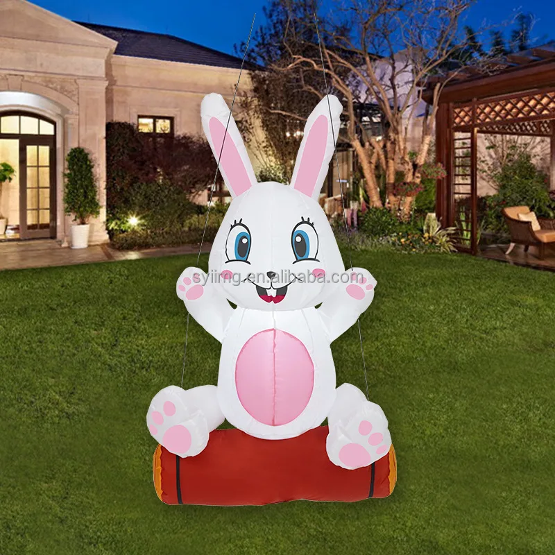 1.2M Pink Swing Rabbit Inflatable Happy Easter LED Lights Outdoor Holiday Blow up Lighted Advertising Inflatable Toys