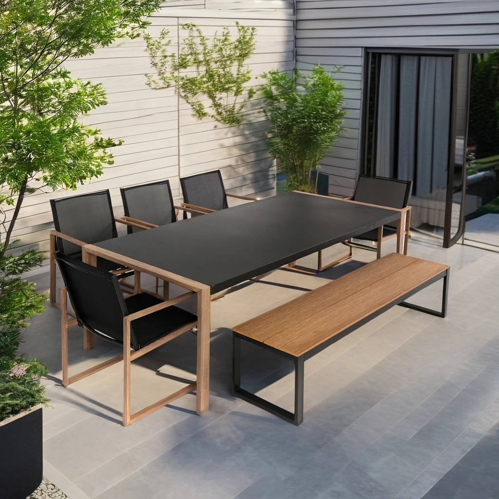 Modern dark grey aluminum outdoor garden furniture heat hot transfer printing armrest leg dining table chair set with long bench