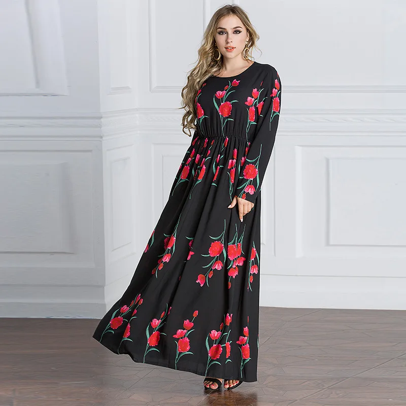 Plus size muslim long sleeve gown rose printed muslim woman dress latest burqa designs