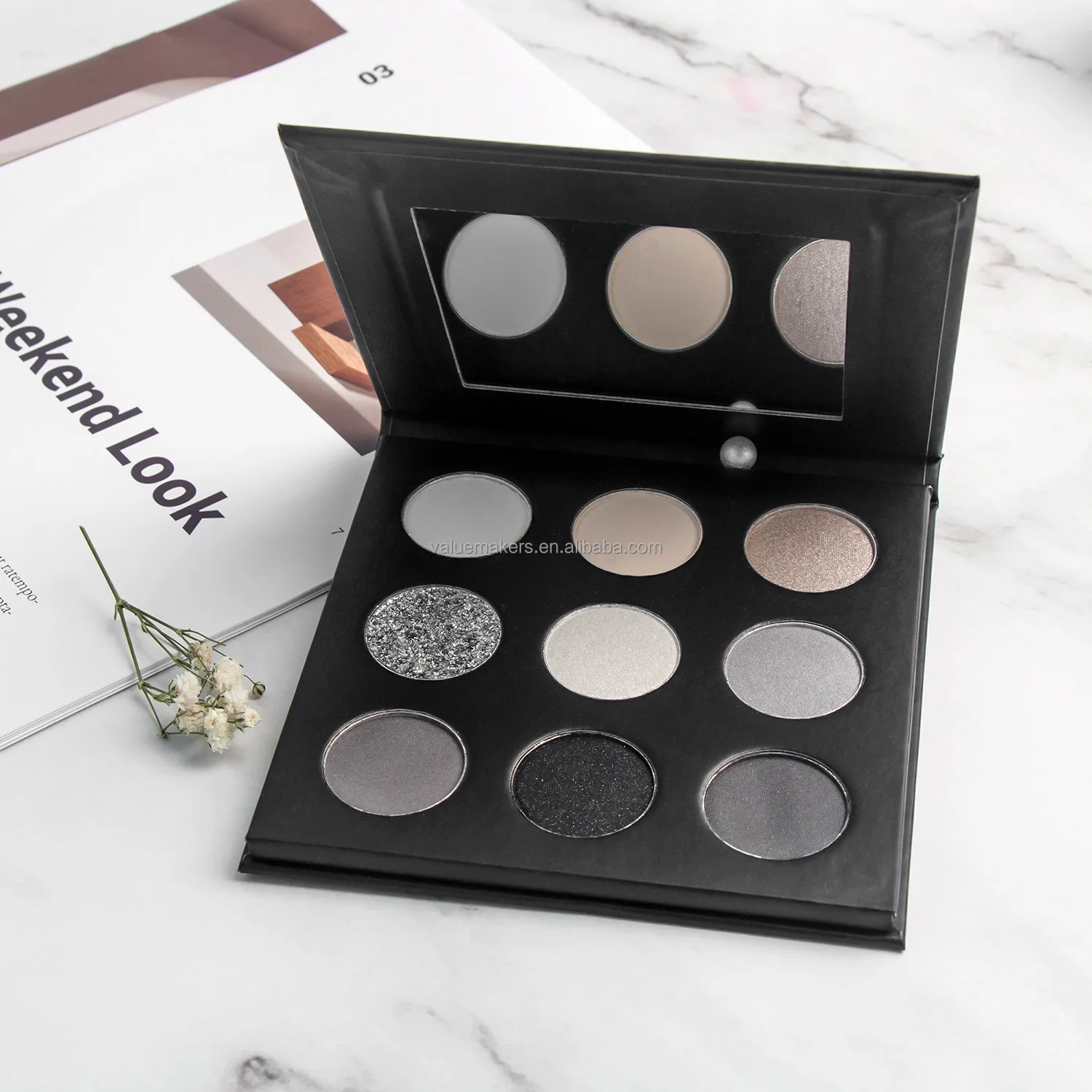 Private label smoky eyeshadow palette dark grey silver punk style eyshadow long lasting matte shimmer eyeshadow make up 9 colors