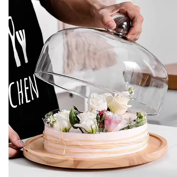 Diyue Stock 6 8 10 Inch Rubber Wood Wedding Cake Display Acacia Wood Round Wood Server Cake Stand Lazy Susan with Glass Dome