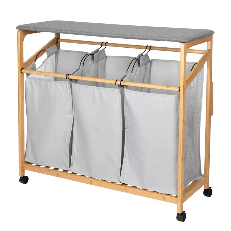 NEW Bamboo Laundry Sorter Cart with Foldable Ironing Board with Removable 3 Bags Laundry Hamper Sorter