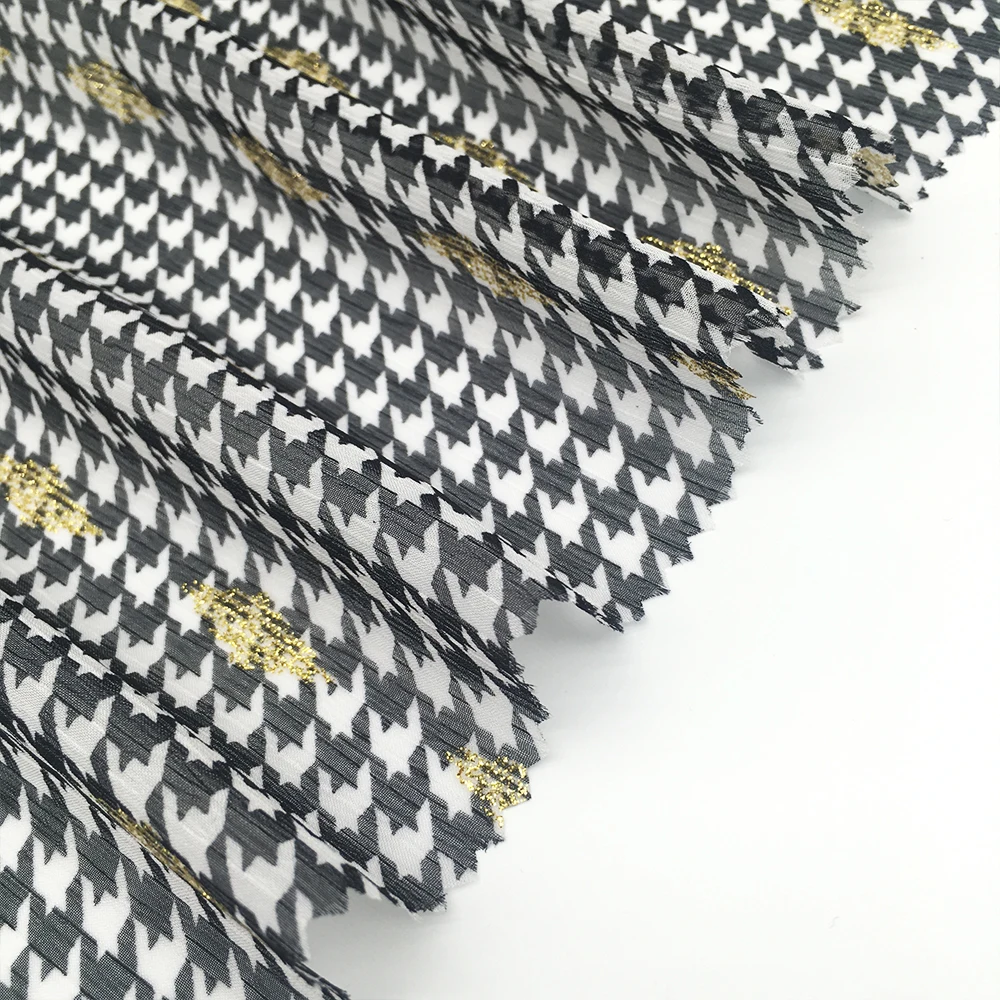 Gold foil swallow gird printed chiffon 100% polyester crepe fabric for dress lady wear