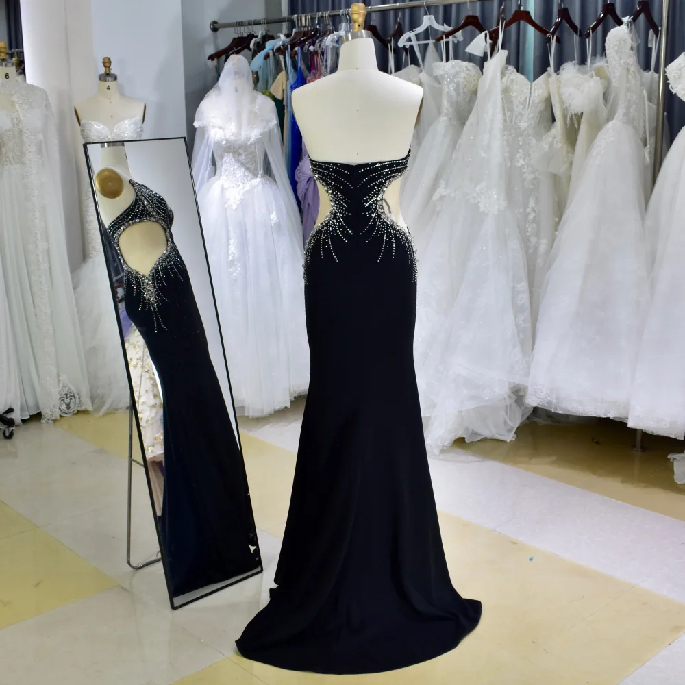 Black chest-top small train design sense, satin studded pearl waist sexy party evening dress, noble fashion tight ball dress