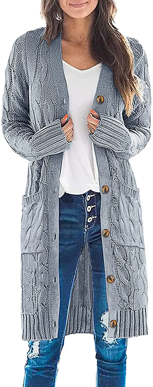 Custom LOGO OEM & ODM    Hot Sell Womens Long Sleeve Cable Knit Long Cardigan Plus Size Open Front Button Sweater