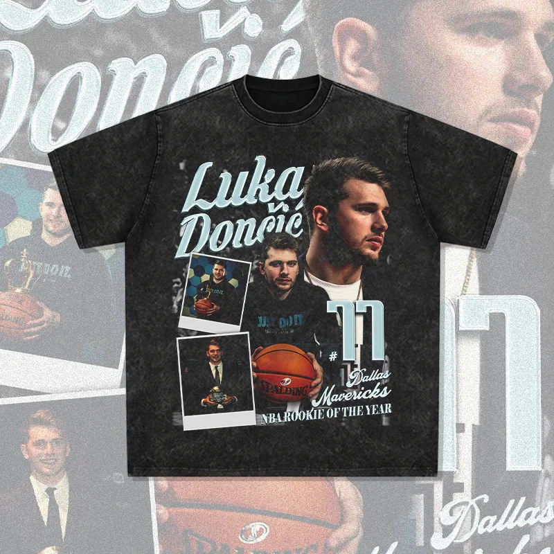 Luka Doncic Graphic Printed 250GSM 100%Cotton Short Sleeve Heavyweight Oversized Acid Washed Streetwear Vintage T Shirts