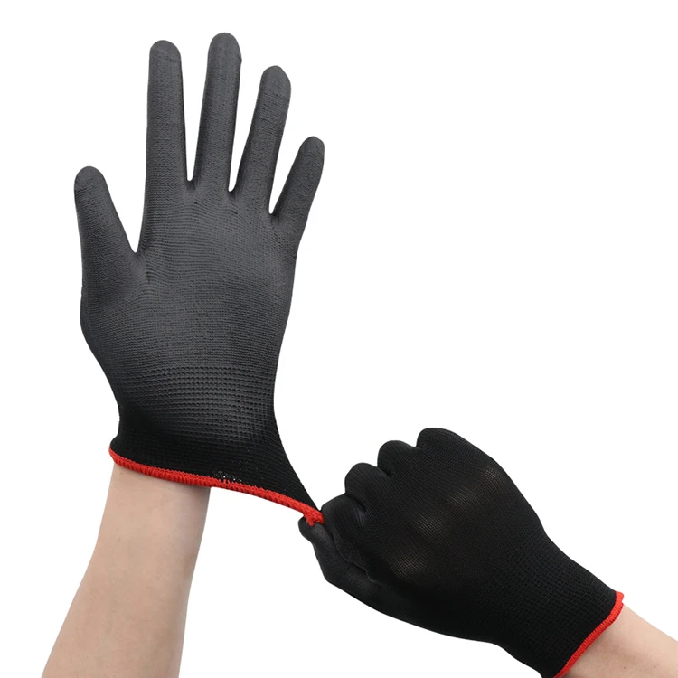 
Industry Safety 13 Gauge Knitted Black Polyester PU Dipped Dmf Free Working Gloves For Construction 