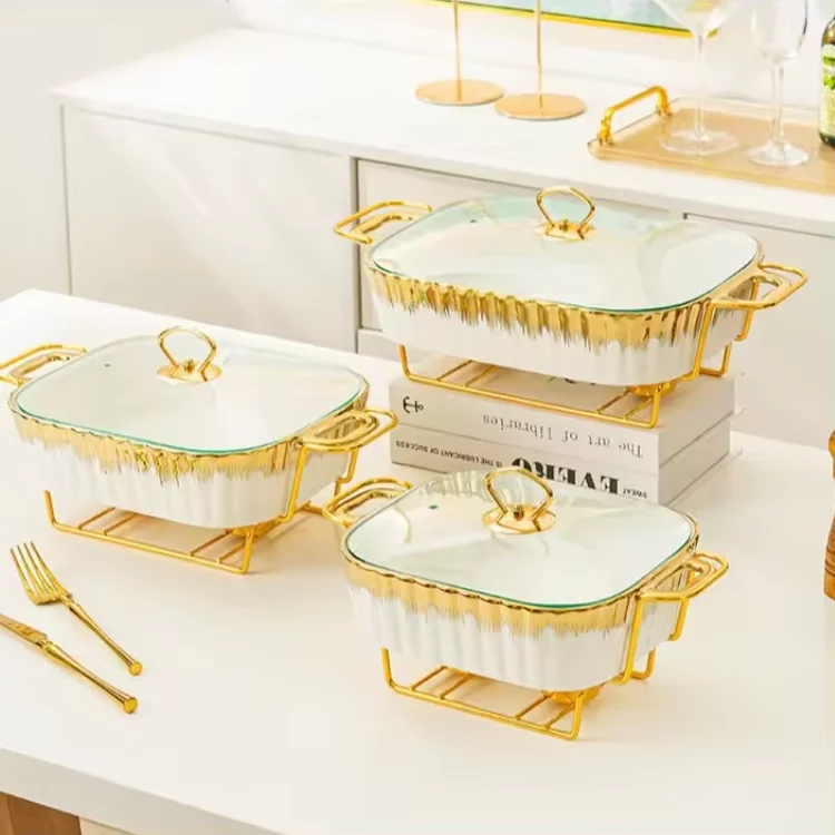 Rectangular Europe ceramic casserole for household cutlery light heat hotel dry soup pot plate holder with candle