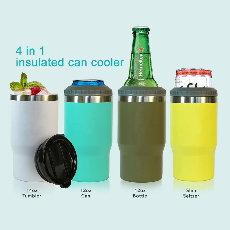 Custom  Stainless Steel 4 In 1 Tumbler Multi Stainless Double Wall Mug Vacuum Insulated  Beer Cooler Can Cooler