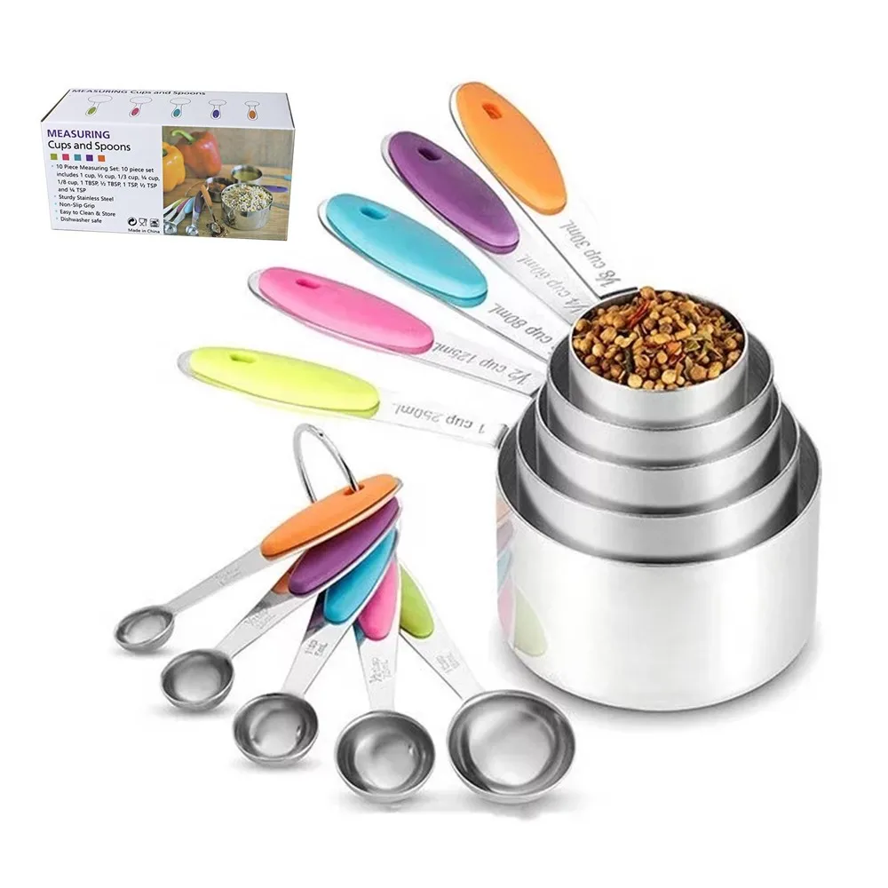Baking Accessories Multicolored Soft Silicone Handles Stainless Steel Measuring Cups and Spoons Set