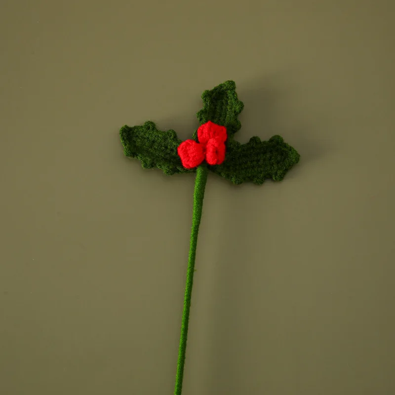 Christmas Cotton Red Bean Leaves Artificial Flowers Crochet Bouquet with Santa Claus and Pine Cones