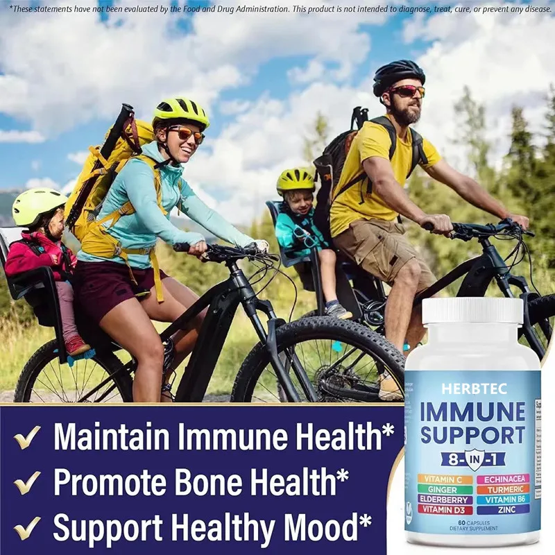 8 in 1 Immune Support Booster Supplement capsules Echinacea Vitamin C Zinc Vitamin D Turmeric Curcumin & Ginger B6, Elderberry