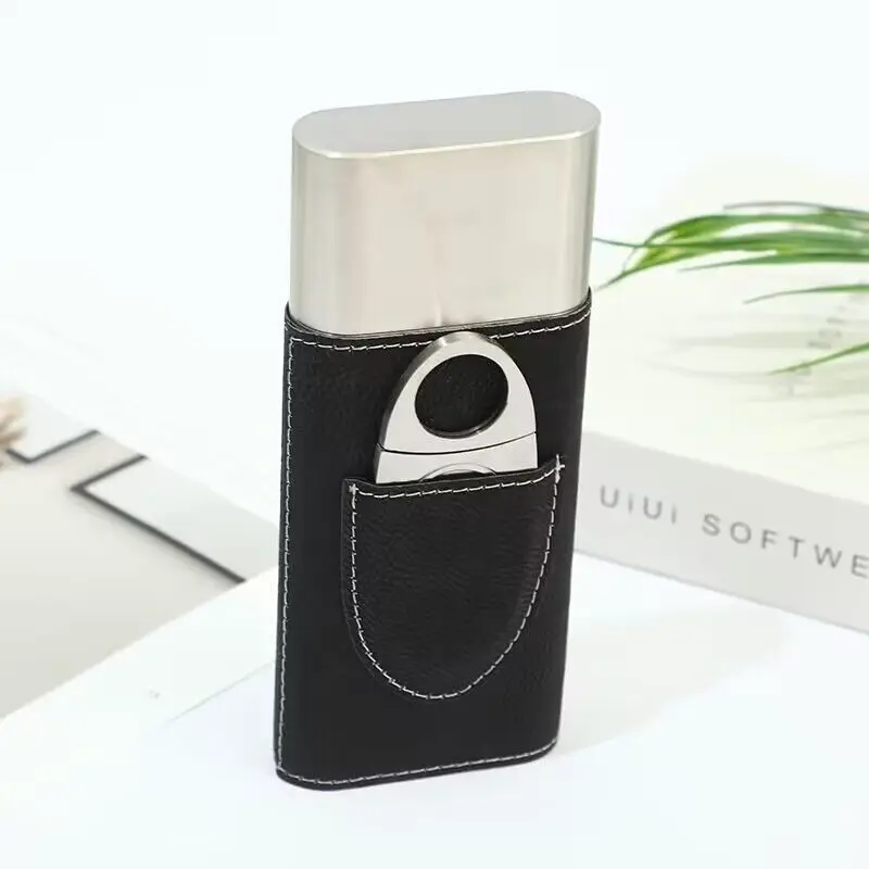 Delicate 3- Finger Carrying Stainless Steel travel  PU Leather Cover cigar humidor cigar cases