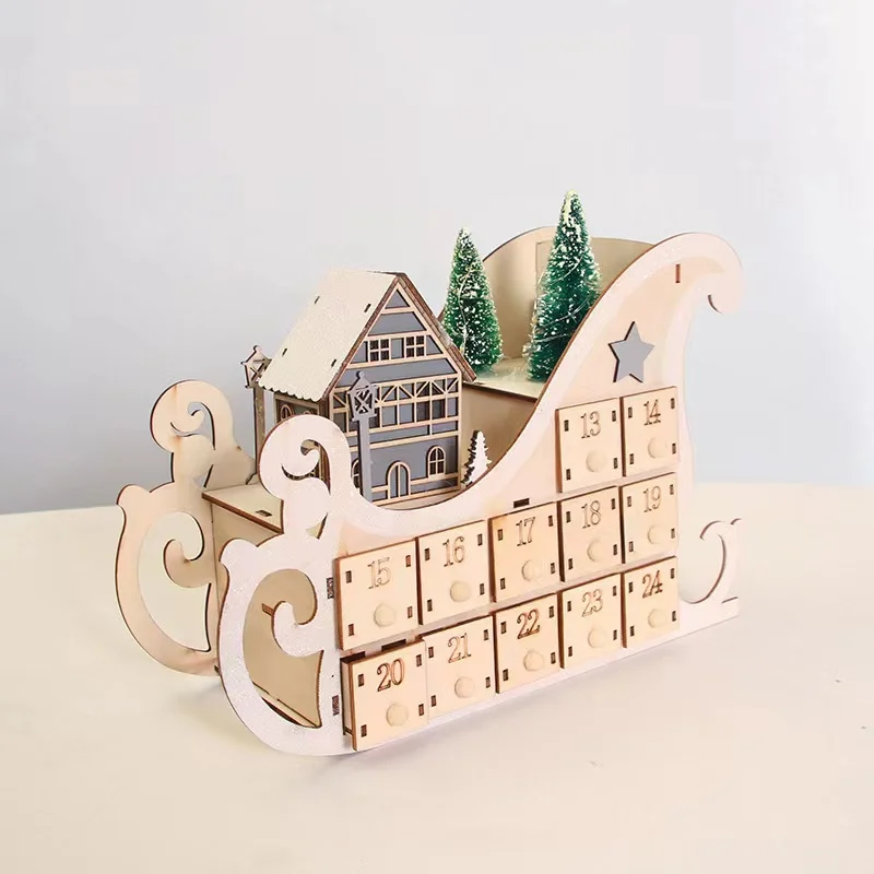 Tree House Sleigh Wooden Advent Calendar Countdown Christmas Party Decor Beauty Advent Calendar with LED Light Ornament