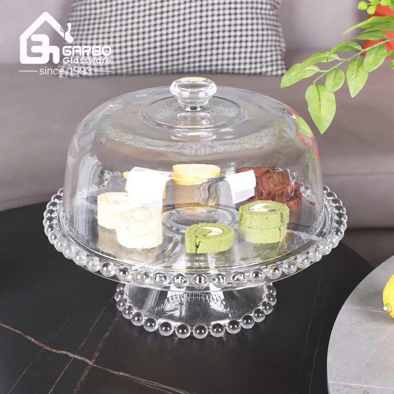 High Quality Glass Round Cake Serving Plate Engraved Cake Stand with Dome Cover Food Tray for Parties Weddings and Banquets