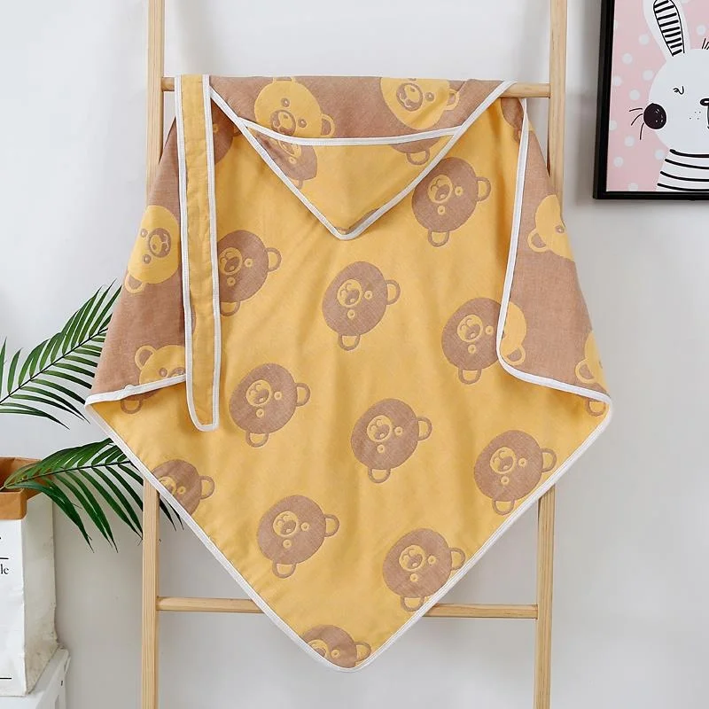 Hot Sale Fashion Organic Cotton Jacquard Carton Pattern Kids Muslin Hooded Gift Towel For Children