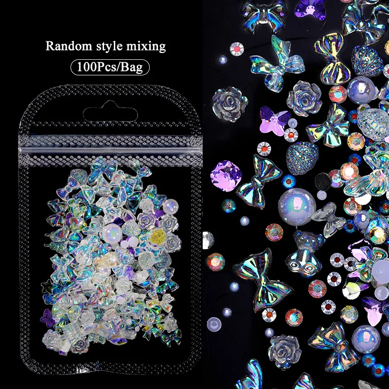 DIY Ice Transparent Colorful 3D Pearl Glass Nail Art Accessories Aurora Bow Resin Nail Decorations Charms