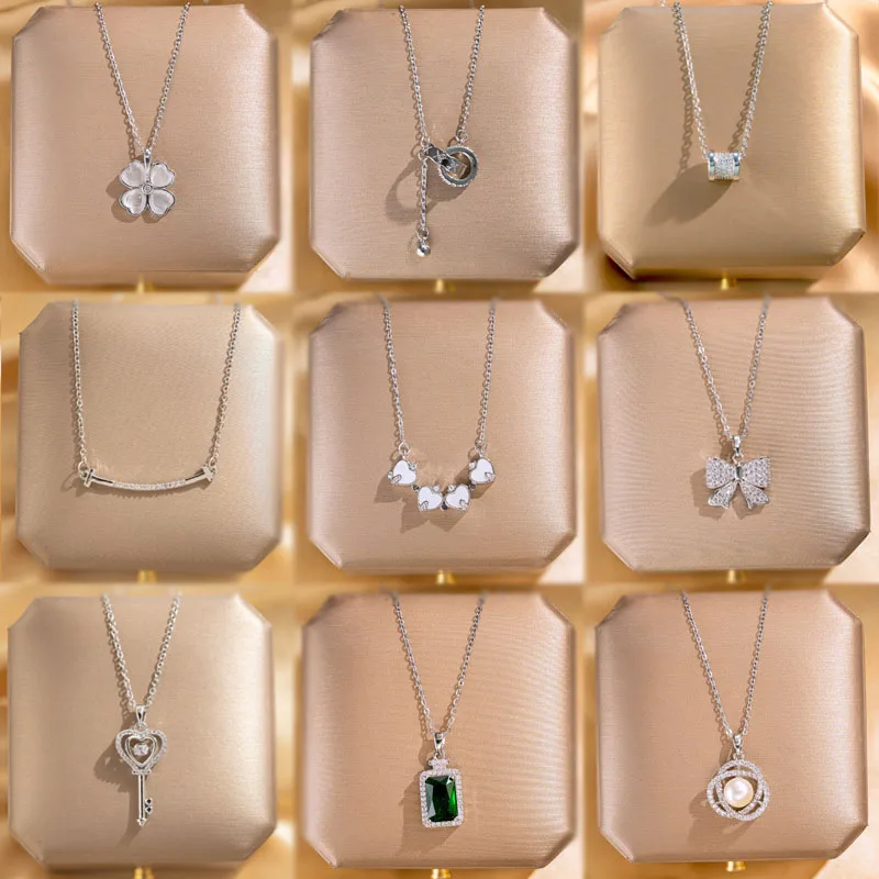 Exquisite Pearl Crystal Heart Elk Butterfly Clover Pendant Necklace Stainless Steel Silver Clavicle chain Necklace for Women