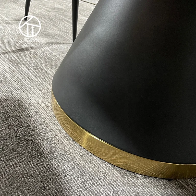 popular round white sintered stone ceramic top Strong metal stand with black powder coated brass 6 seater dining table for home