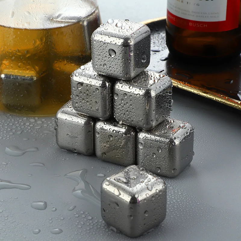 Reusable Custom Whiskey Stone Glasses Men Gift Box Set Cube Shape 304 Stainless Steel Ice Cubes Whisky Ice Stones Chilling Rocks