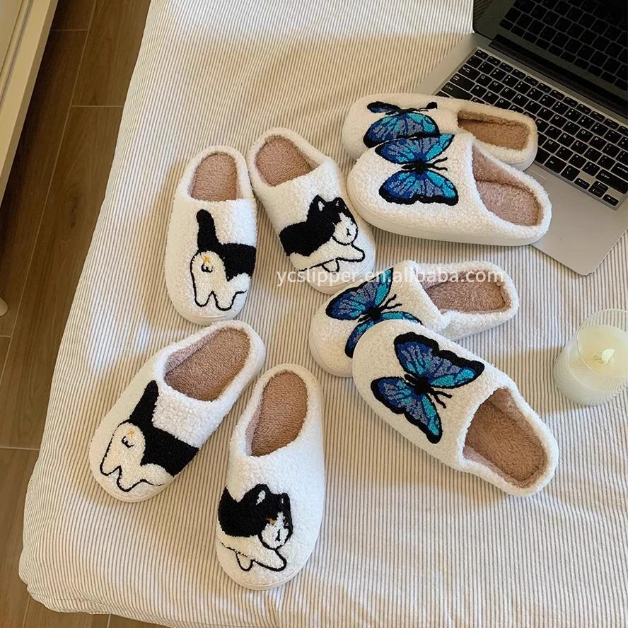 Top quality white soft fluffy home cotton slippers cartoon animal cat Butterfly winter plush shoes Unisex custom