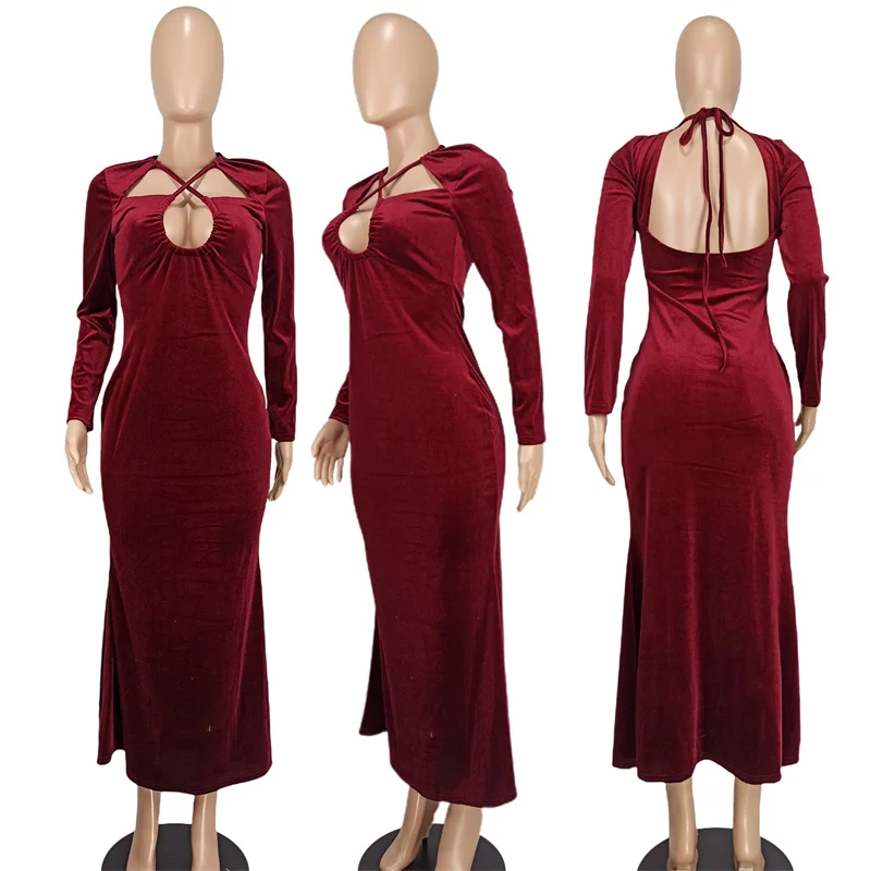 fall luxury elegant women velvet velour criss-cross neck long sleeves trumpet mermaid maxi long evening party dress for women