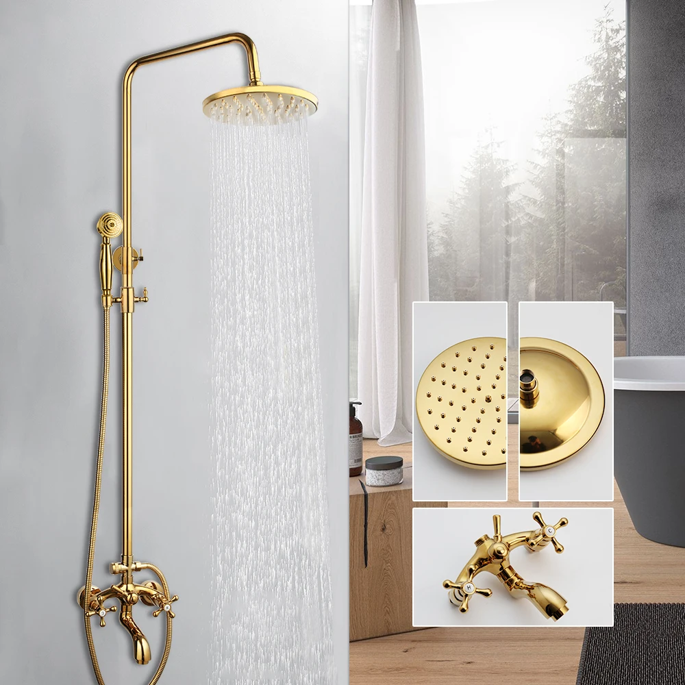 JIENI Bathroom Gold Shower Units Round Rainfall Mixer 2 Handles Faucet Wall Mounted