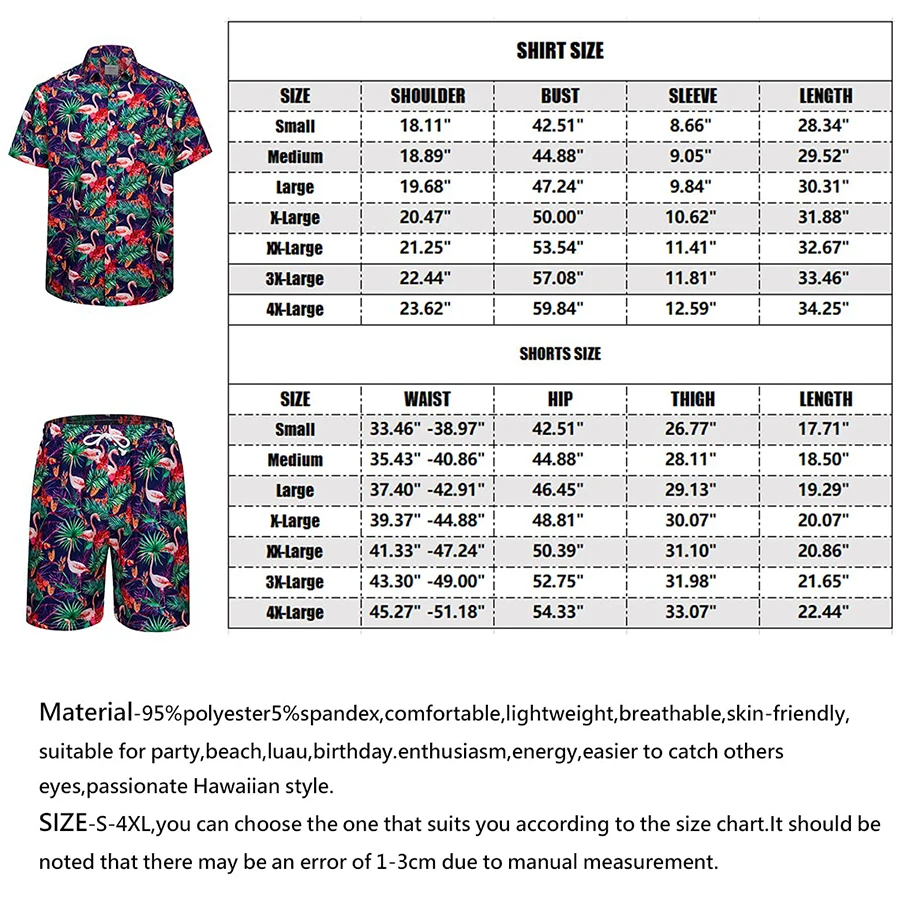 Mens Hawaiian Short Sleeve Shirt Suit Tropical Casual Button Down 2pc Summer Outfit Set