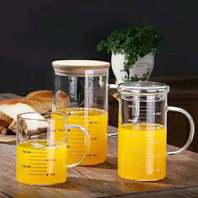 Безопасный для микроволновой печи прозрачный высокоборосиликатный мерный кувшин стеклянный мерный стакан с бамбуковой крышкой