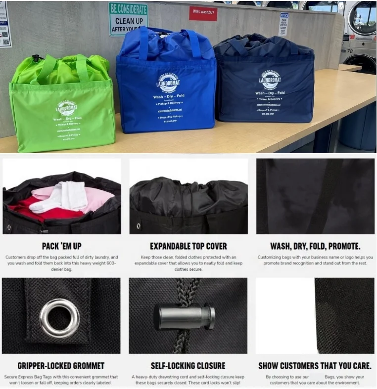 Square Custom Large Wash and Fold Industrial commercial hotel nylon laundry bags drawstring for clothes with logo strap
