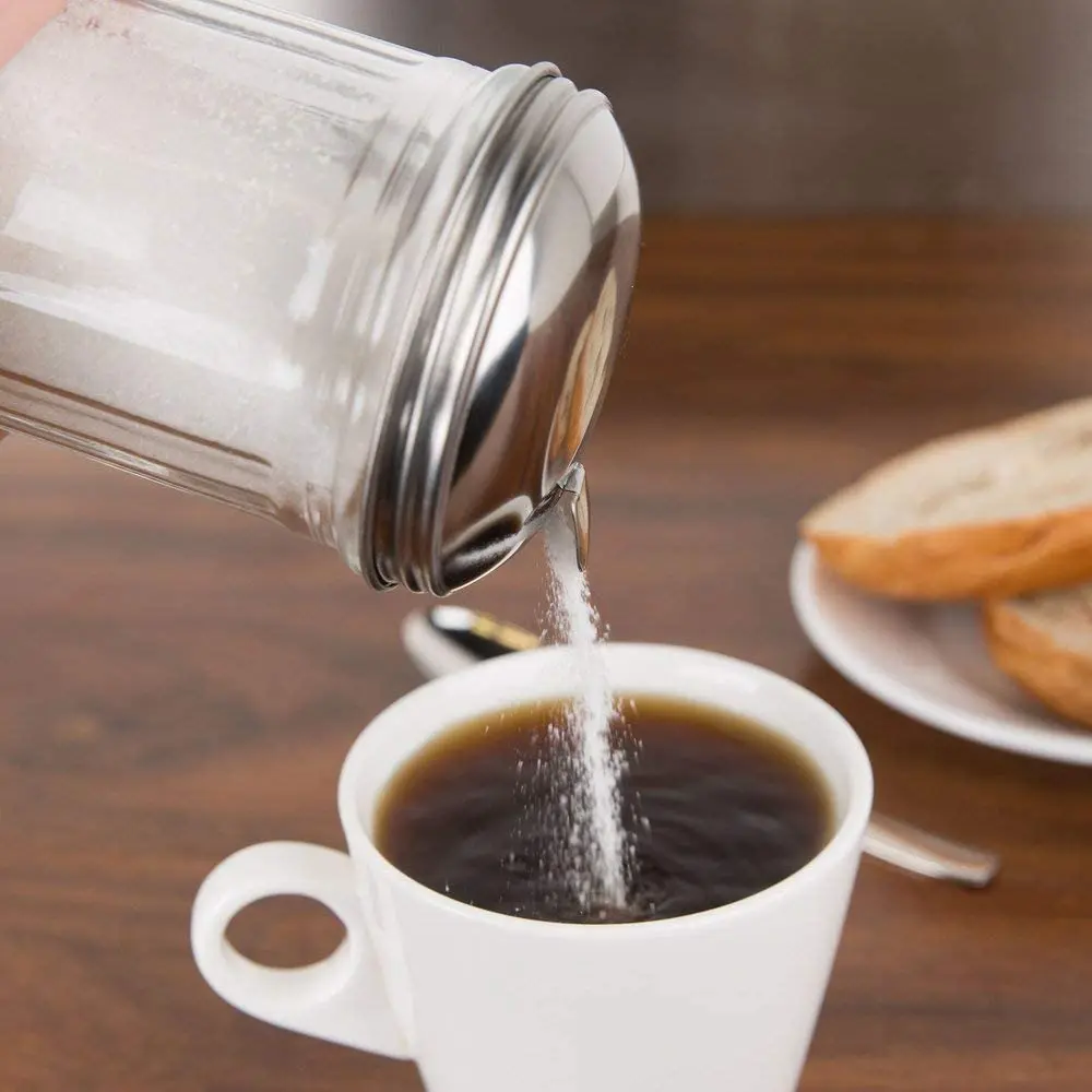 12 oz Glass Sugar Pourer with Side Flap Top Sugar Shaker with Stainless Steel Self-Closing Lid