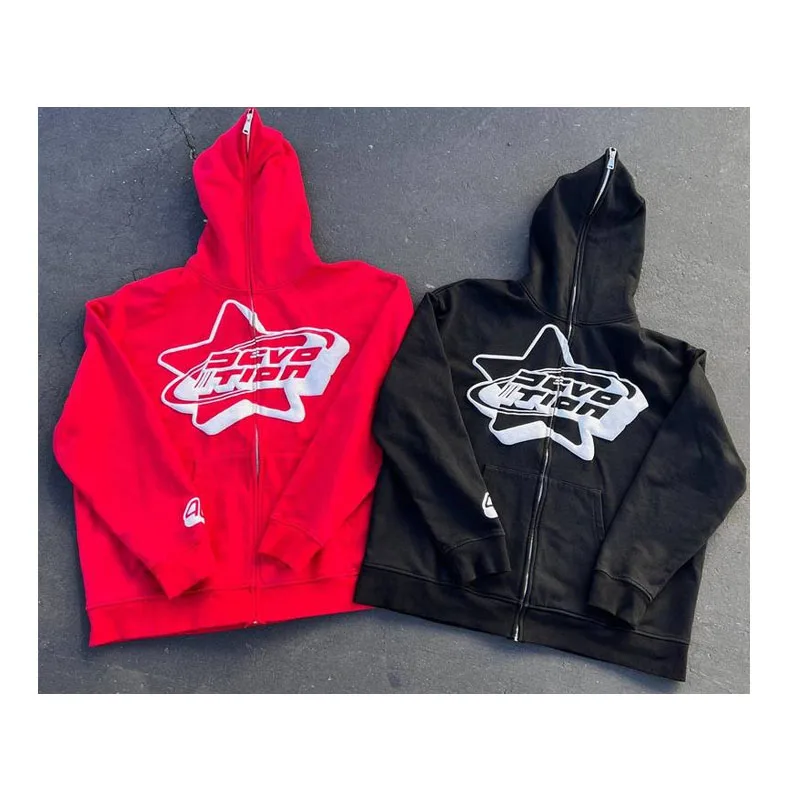 OEM Wholesale New Design High streetwear custom logo full zip up puff print letter hoodies for men