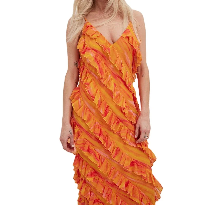 Custom Summer All Over Frills Orange Women Slip Ruffle Long Straight Chiffon Elegant Casual Maxi Dress