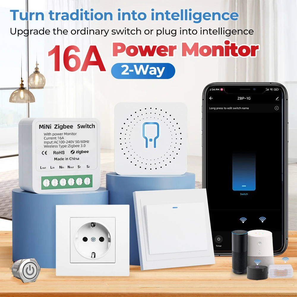 TUYA Zigbee wifi 16A with Power Monitor Mini Smart DIY Switch Wall Switch Module Relay Support two-way control Home Smart Life