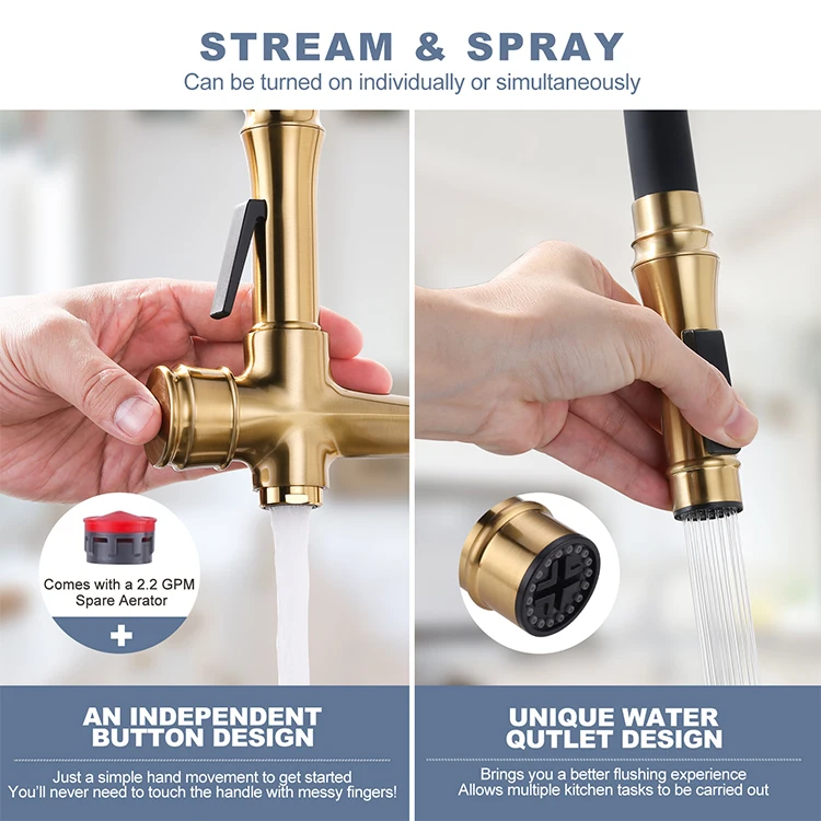 Brass Golden Kitchen Faucet Pull Down Sprayer Nozzle Hot Cold Water Mixer Tap Single Handle Kitchen Sink Taps