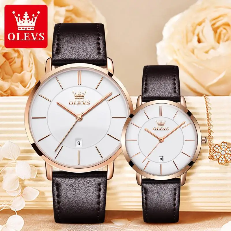 OLEVS 5869 luxury classic lovers quartz watch superior Genuine Leather band Waterproof date display low moq business wrist watch
