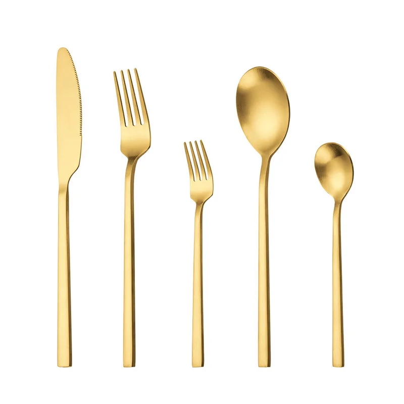 5piece Knife Spoon Fork Set Gold Cutlery Square Thick Handle Stainless Steel Flatware sets