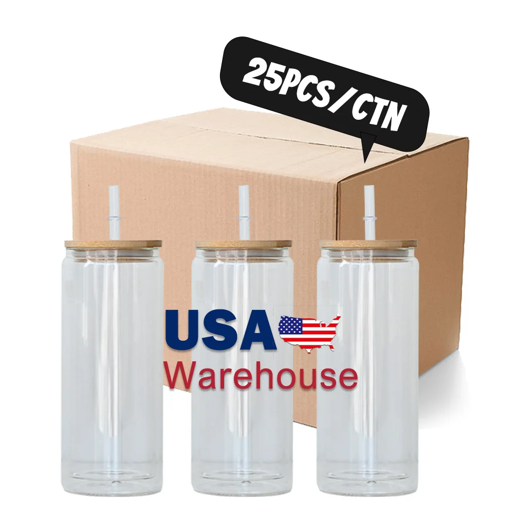 USA warehouse snow globe custom double wall soda glass can pre-drilled 16 oz christmas sublimation glass tumblers