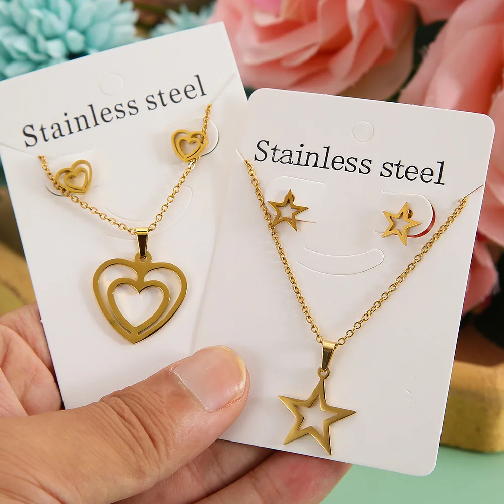Go Party Stainless Steel Heart ECG Butterfly Angel MaMa Five-Pointed Star Pendant Necklace Earrings Jewelry Set For Women Girls