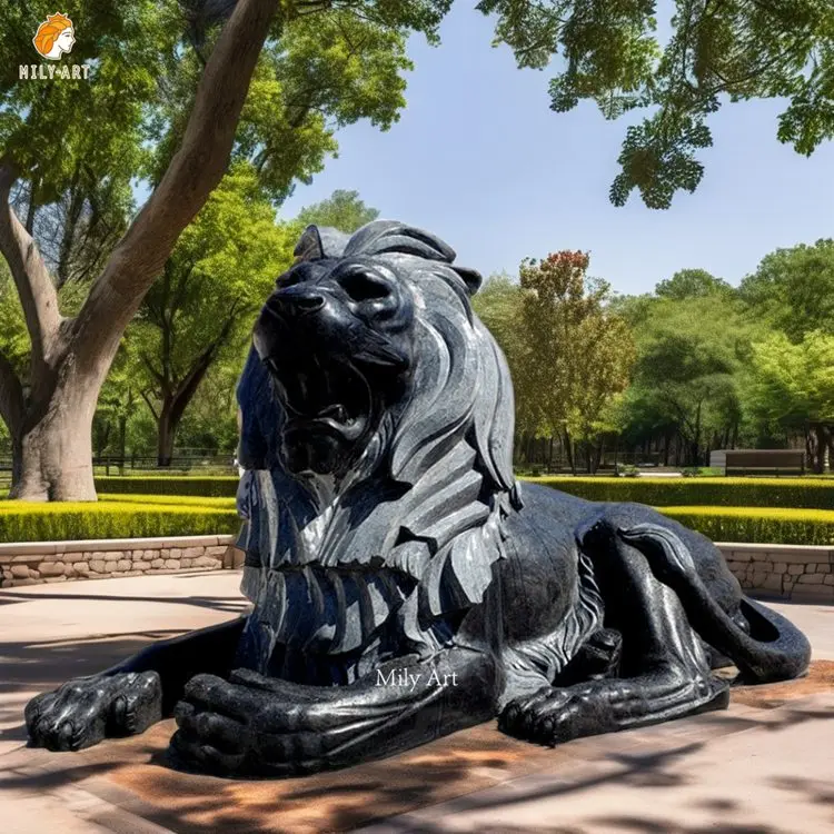Unique Design Hand Carved Marble Sitting Black Lion Statues Sculpture for Front Door
