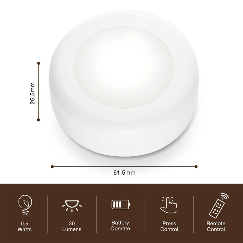 
Round Shape Wireless Remote Control Closet Light Battery Powered Under Counter Lights Cabinet Puck Led Light 