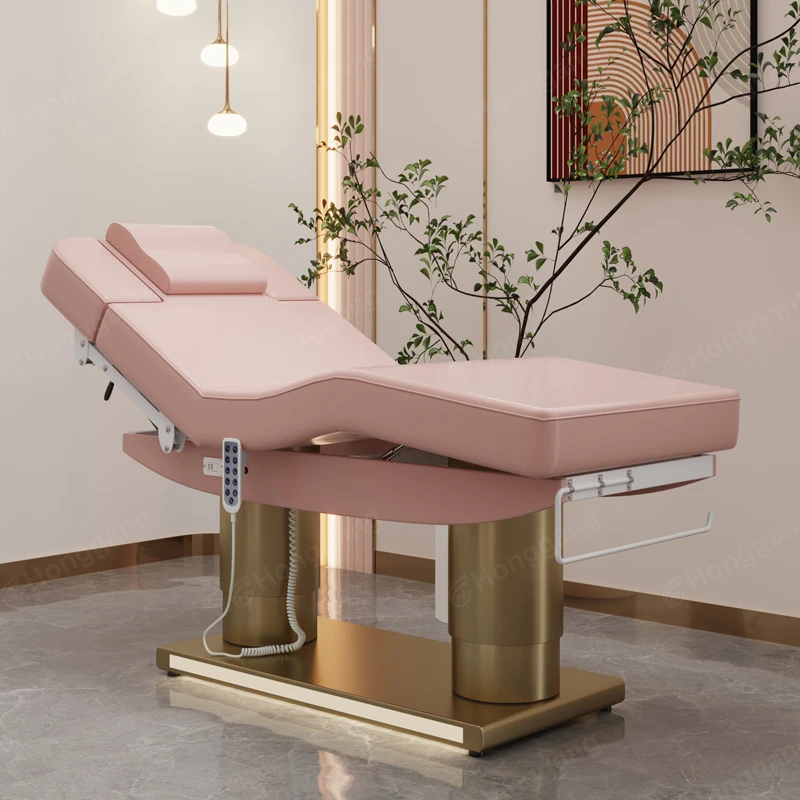 Pink Leather Metal Gold Double Stainless Steel Base 4 Motor Beauty Massage Bed Flat Lay Eyebrow Bed for Beauty Salon