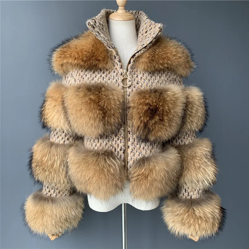 New Fashionable Woman Jacket Fur Real Raccoon Fur Jacket Fluffy Big Raccoon Fur Collar Coat